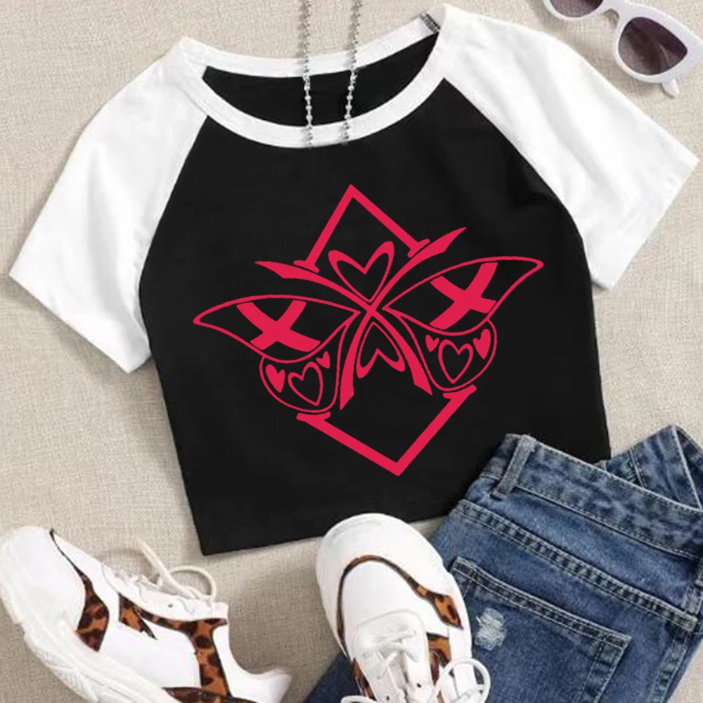 

Hazbin Hotel Logo Graphic Design Crop Tops T-Shirt Girls Fashion Women O-Neck Short Sleeve