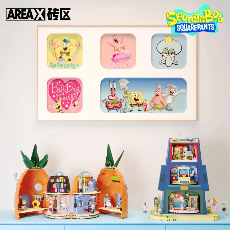 Klocki Anime SpongeBob Kanciastoporty Seria Dom z Kamienia z Mackami Anime Krusty Krab Model Zabawka Klocki Prezenty