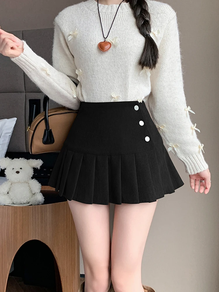 American Retro Corduroy Pleated Skirt For Woman Autumn Winter Casual Y2k Sweet Chic Short Skirts With Button