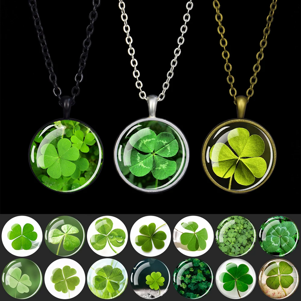 Clover Shamrock Necklaces Glass Cabochon Four Leaf Clover Pendant Chains Necklace for Women Lucky Jewelry St. Patrick Day Gifts