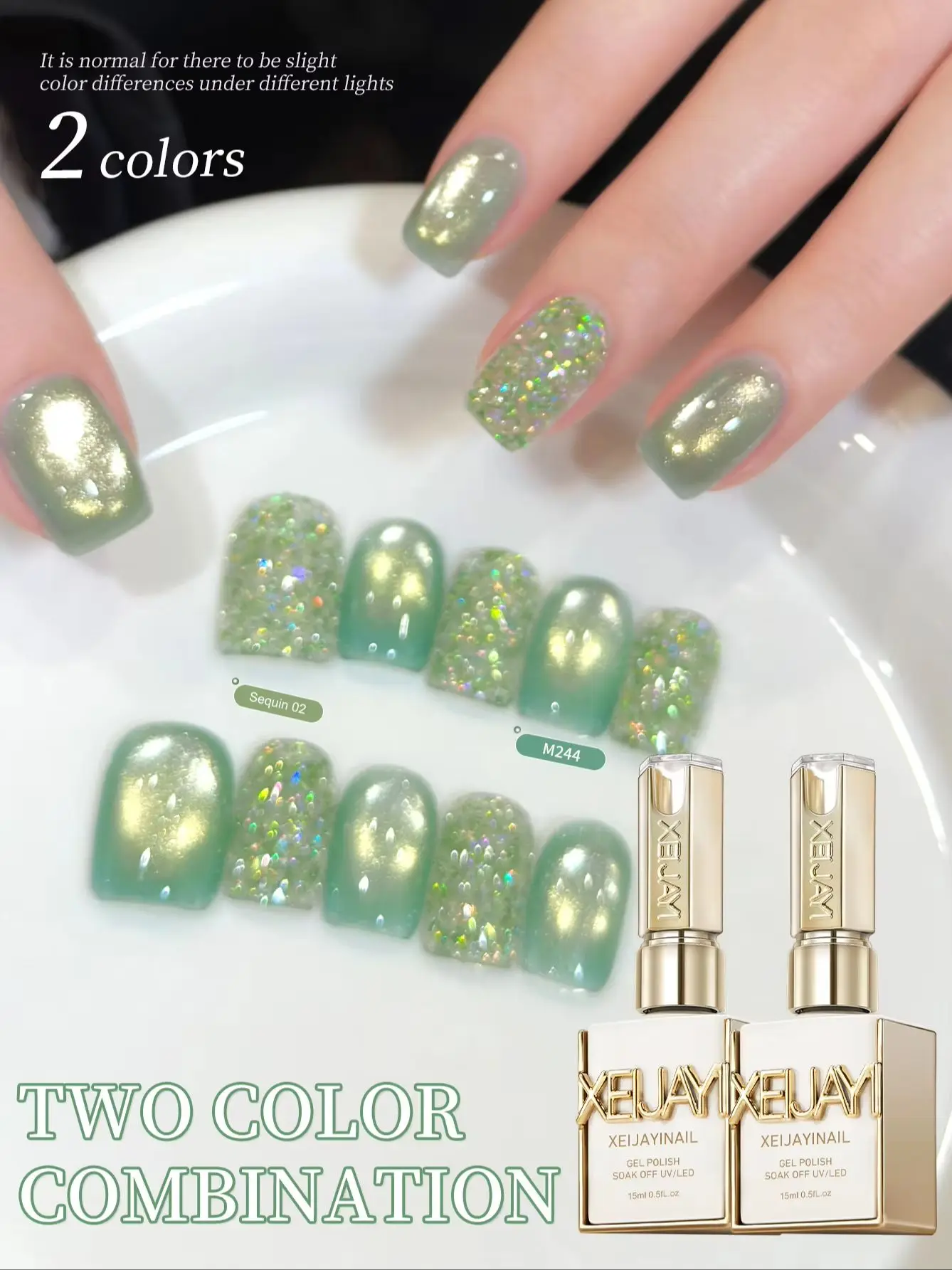 XEIJAYI Lot de 2 gels à ongles 15 ml vert œil de chat et paillettes bonbon, semi-permanents, pour nail art, séchage UV LED, pour salon de manucure et DIY