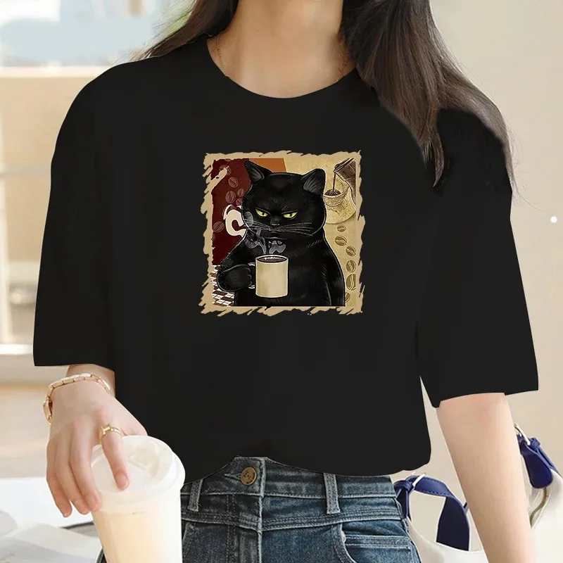 Maycar New Women T-shirt Cartoon Summer Coffee Cat Print T-shirt Street Y2K Short Sleeved White T-shirt Women Casual Top