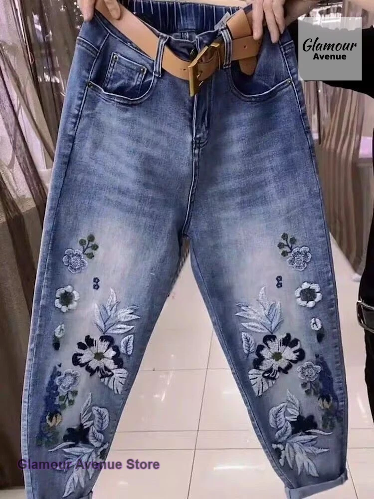 Korean retro jacquard high waist straight jeans women's spring and autumn new plus size fashion Joker slim loose wide-leg pants.