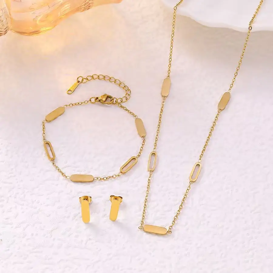 مجموعة مجوهرات هندسية مطلية بالذهب: قلادة + سوار + أقراط، مجوهرات ساحرة مستطيلة بسيطة، هدية عصرية للنساء"