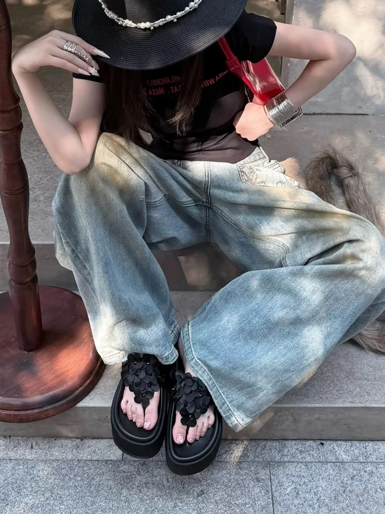 2025 Amerikaanse Retro Y2K Stijl Vuile Gewassen Blauw Baggy Dames Jeans Broek Rechte Vrouw Kleding Denim Broek Pantalon Femme