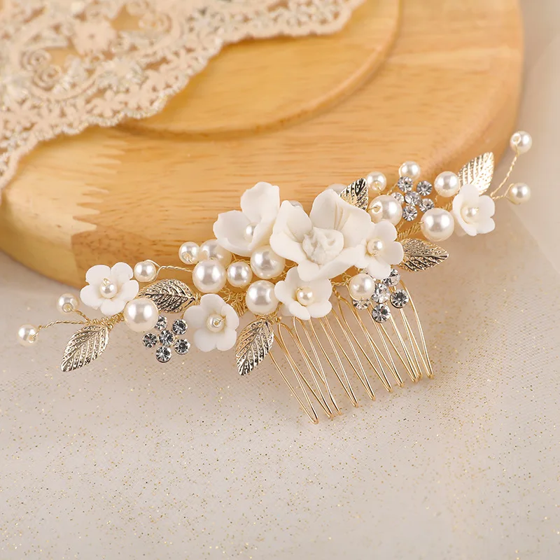 

Bridal Comb Porcelain Flower Women Hair Piece Gold Silver Color Leaf Wedding Prom Accessories