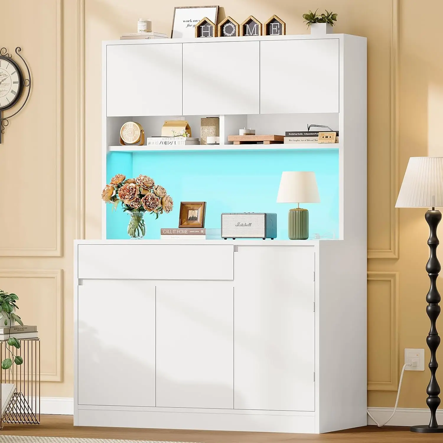 Kitchen Cabinet LED Charging Station Microwave Stand Open Shelves Hutch Coffee Bar Kitchen Dining Room White Customized