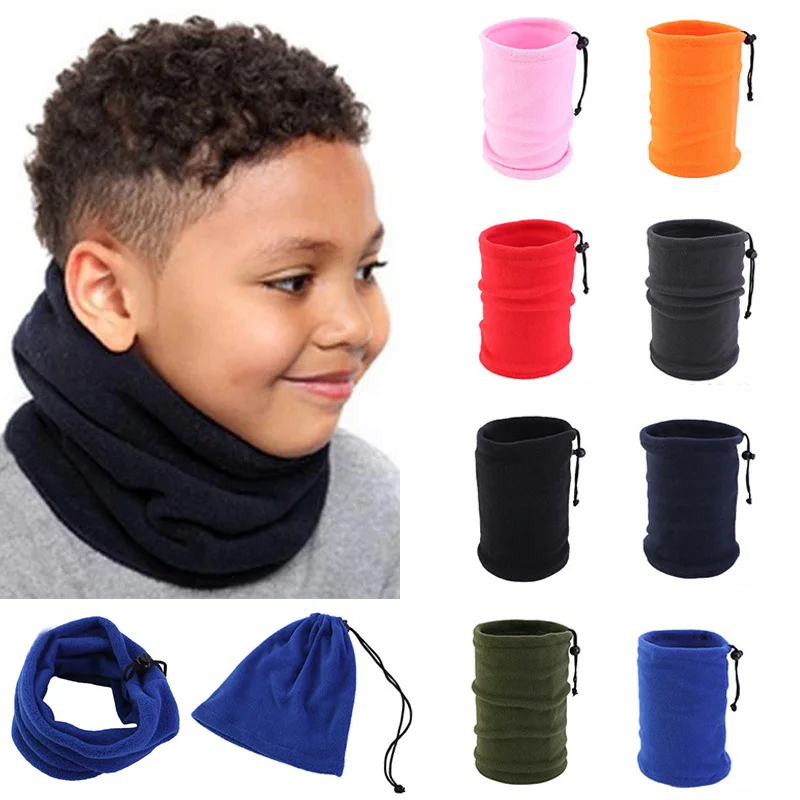 Winter Scarf Neck Warmer For Children Soft Fleece Scarf  Windproof Scarve Adjustable Drawstring Scarf Solid Color Snood Collar