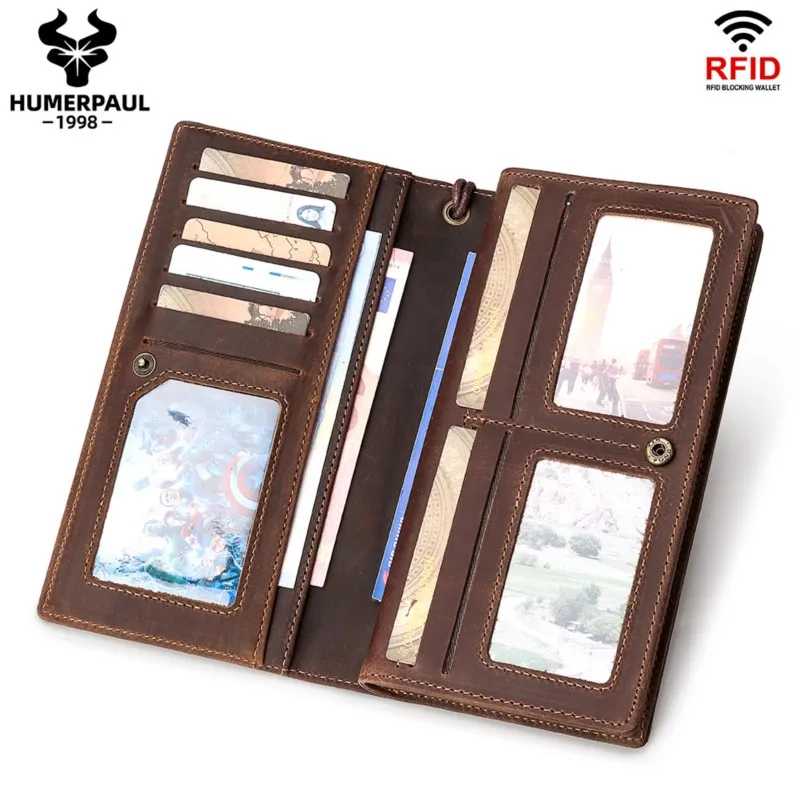 Men's RFID Blocking Large Capacity Long Wallet Genuine Cowhide Drawstring Phone Clutch Bag Multi-Slot Card Holder Cartera Hombre