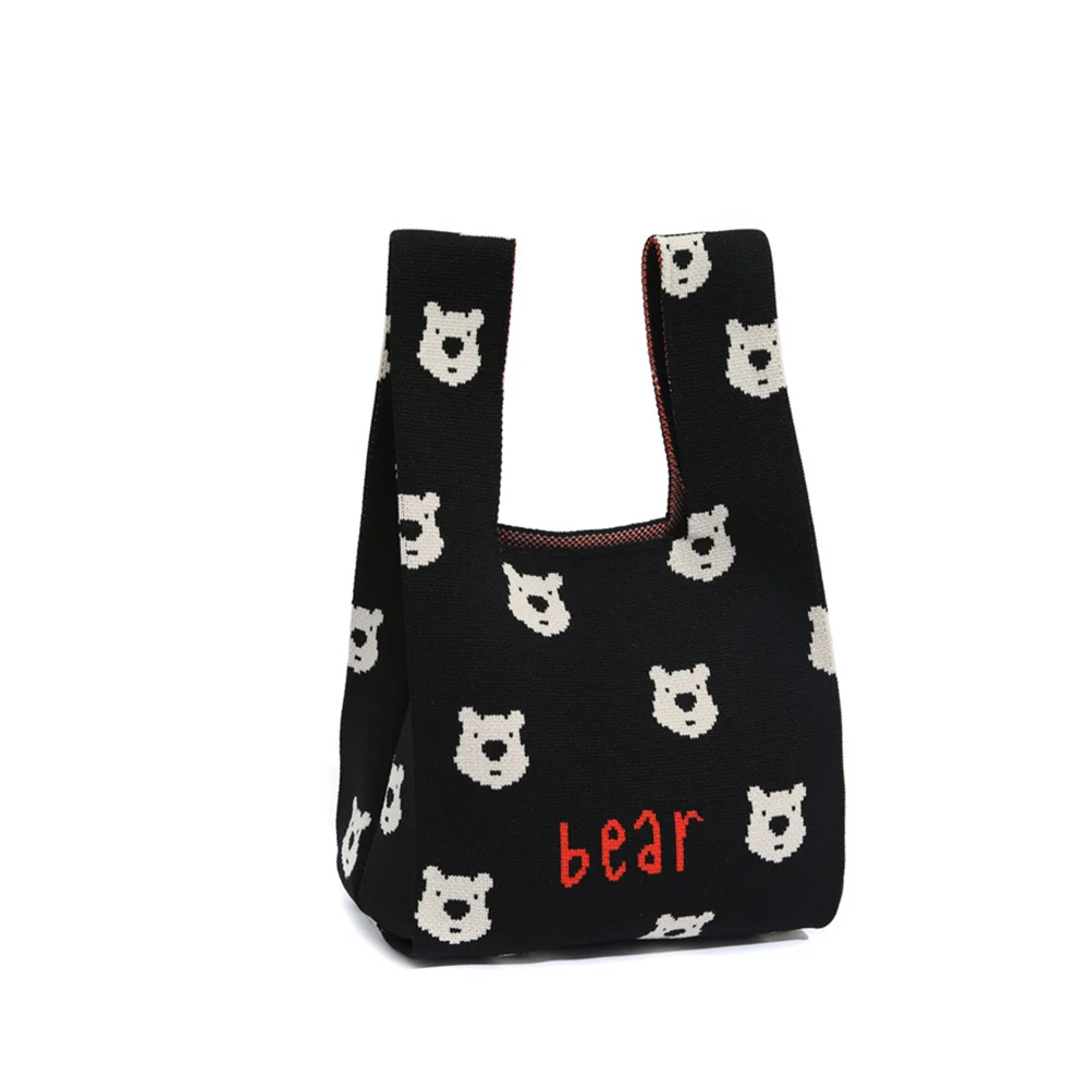 Cartoon Bear Knitting Bag Women Handbag Casual Tote Bag Handbag Commuter Shoulder Bag Student Reusable Shopping Bag 35x20cm