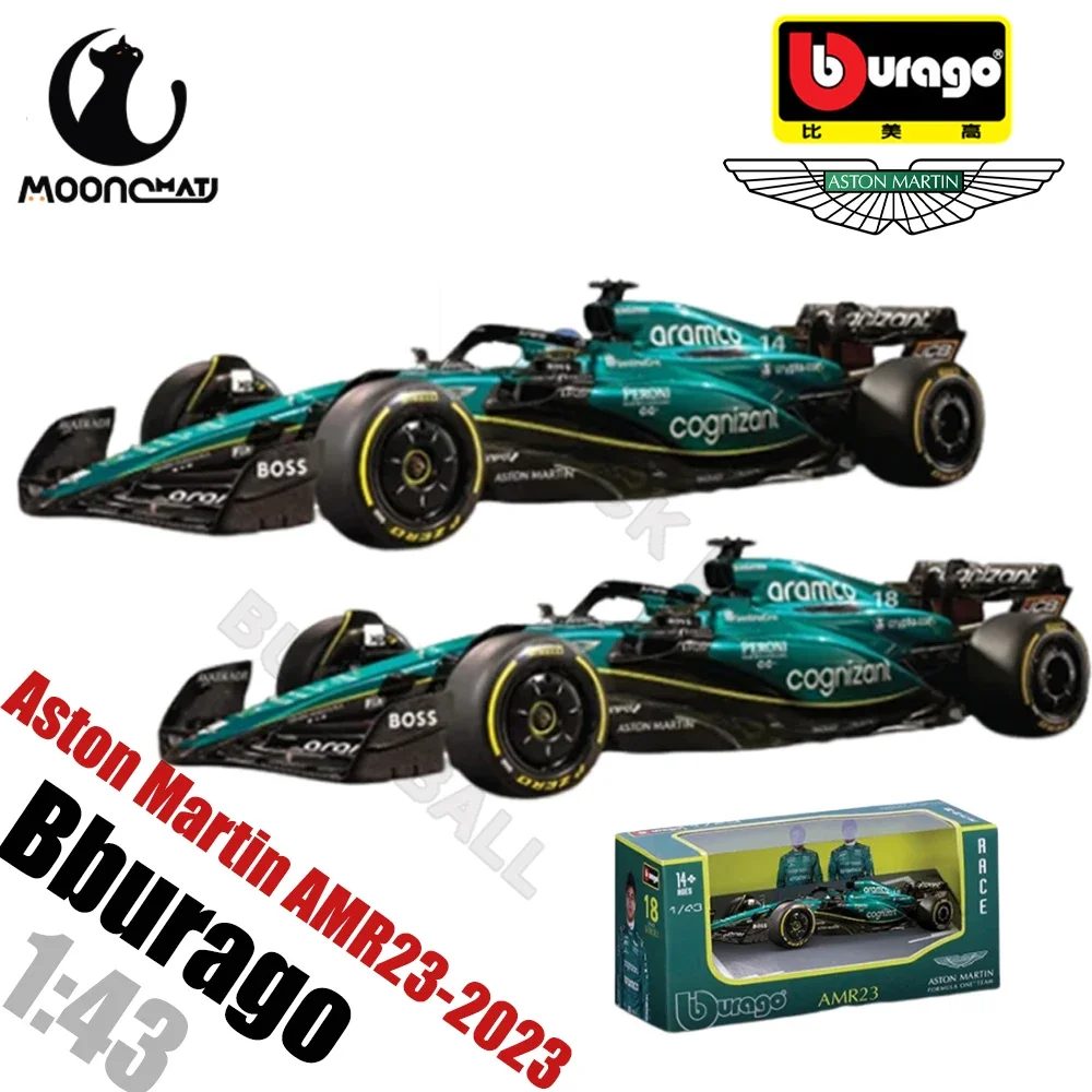 Nuevo Bburago 1:43 F1 Aston Martin Aramco F1 equipo AMR23 2023 modelo de coche # 14 Alonso # Colección de juguetes fundidos a presión de coches de aleación de 18 pasillos