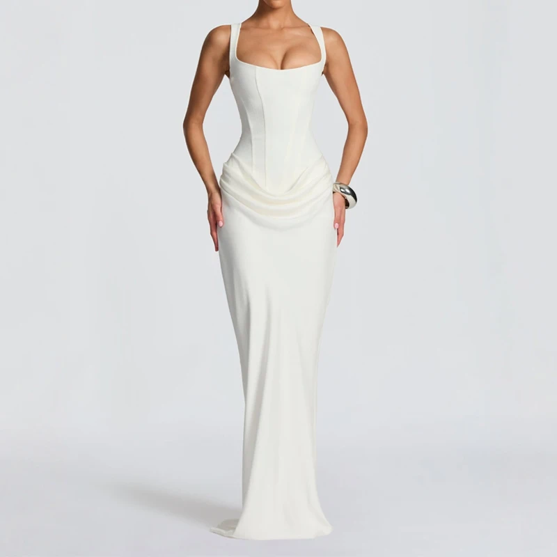 Sexy ärmelloses, rückenfreies, plissiertes Cocktailkleid, modisch, hohe Taille, solide lange Kleider, Damen, elegant, schulterfrei, Hosenträgerkleid