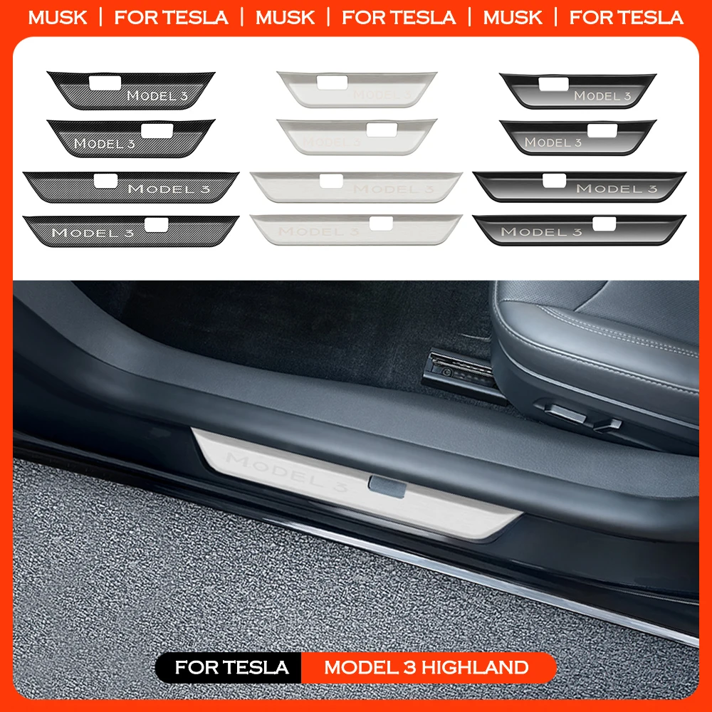 

Door Sill Guard Trim For Tesla Model 3 Highland 2024 Anti Scratch Stainless Steel Door Sill Strip Plate Cover Car Accessories