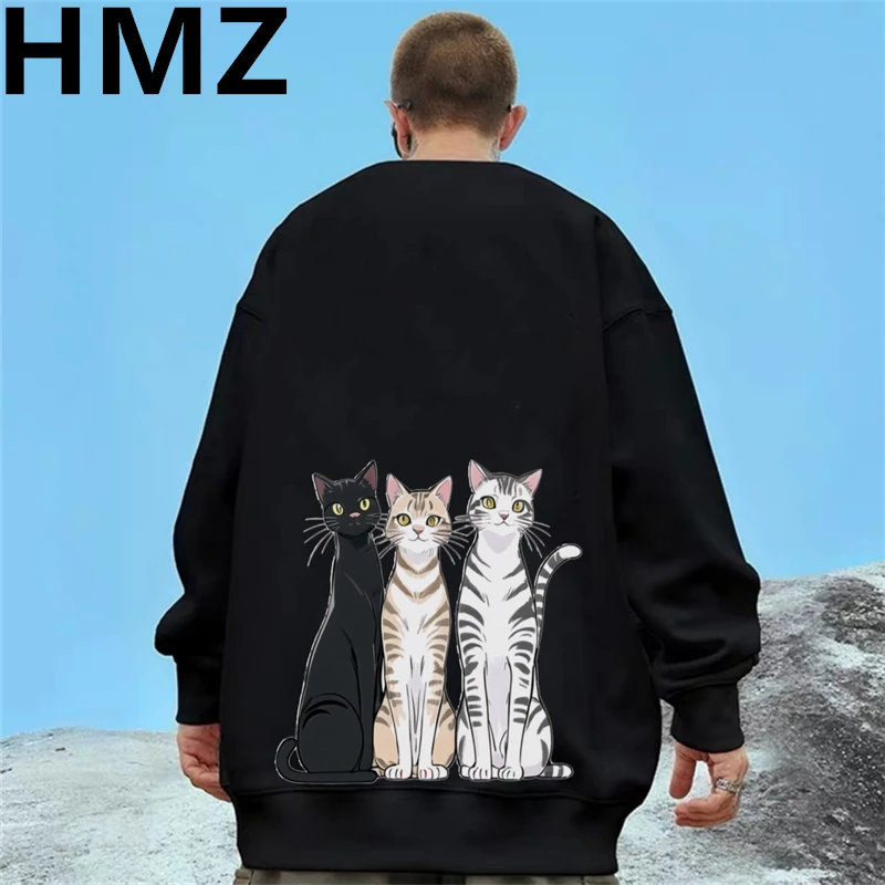 

HMZ Mens Casual Cartoon Cat Print Sweatshirts Hoodie Men O-Neck Fashion Harajuku Style Male High Street Cotton Sweatshirt Men