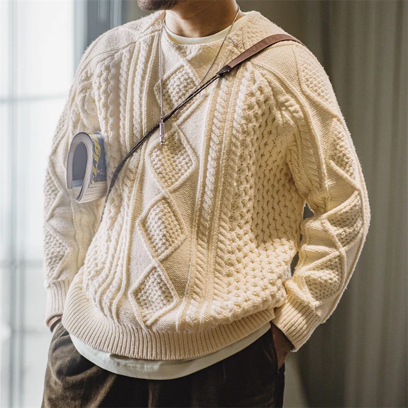 

Мужской свитер Maden American Retro Twisted Alan Knitwear с круглым вырезом, осенне-зимний, утепленный, повседневный, свободного кроя, вязаный