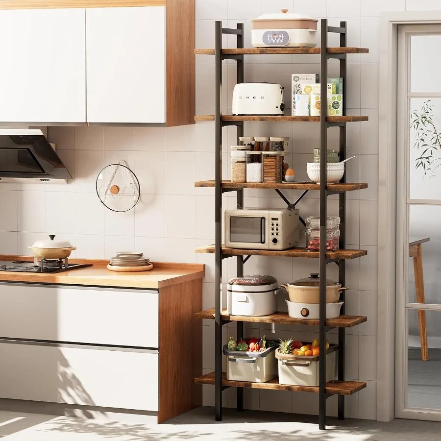 منظم رف كتب على الطراز الصناعي مكون من 6 طبقات مع لمسة نهائية بنية ريفية وإطار معدني لتخزين العرض المفتوح الحديث طويل القامة