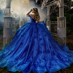 Luxury Royal Blue Shiny Quinceanera Dress 2024 Ball Gown Sweetheart Beads Flower Tull Sweet 16 Vestidos 15 De Xv Años