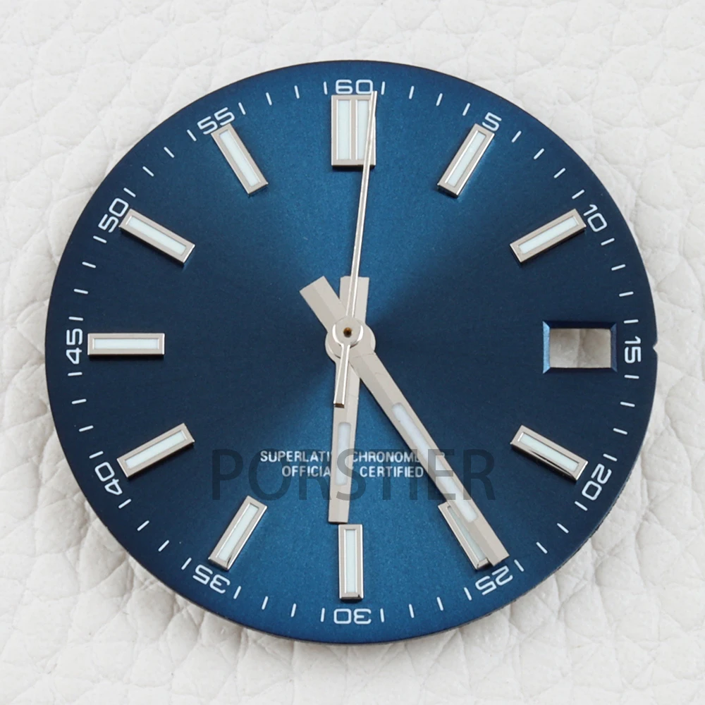 28,5 mm NH35 wijzerplaat voor DATEJUST nh35/nh36 uurwerk, blauwe luminescerende sunburst textuur wijzerplaat, datumvenster, horlogewijzerplaat onderdelen