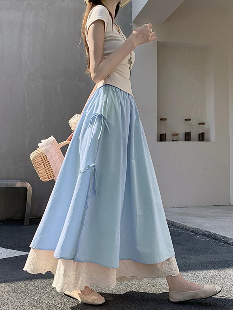 

Корейская женская юбка миди с высокой талией, кружевной отделкой, узлом и большим воланом, А-силуэт, дышащая, новинка весны