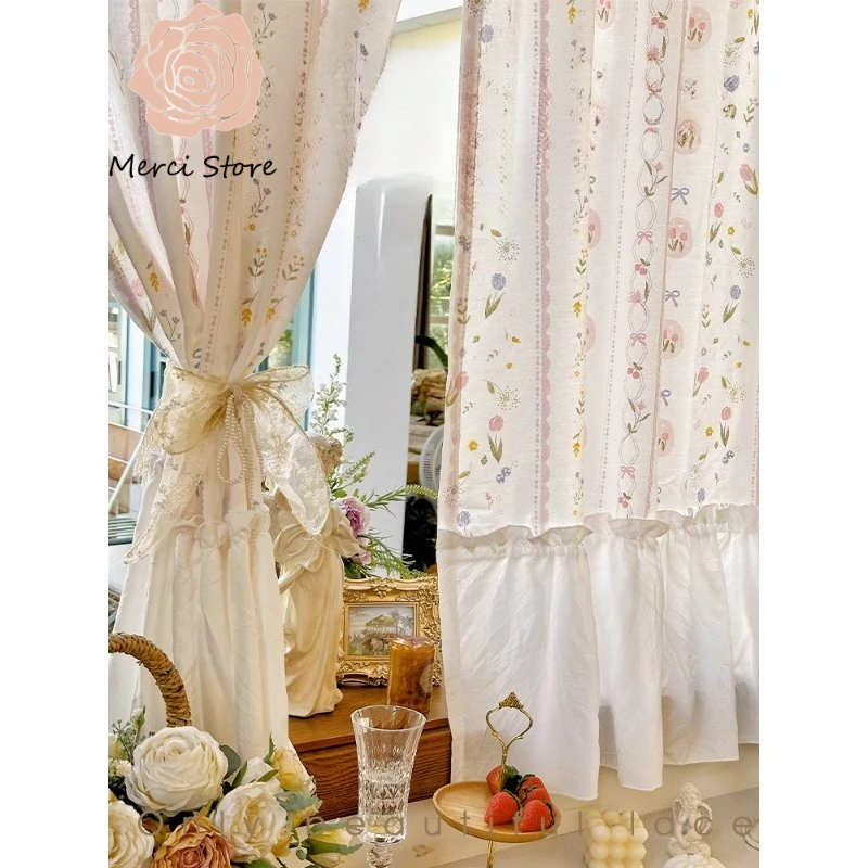 

Korean Style Small Fresh Printed Pink Tulip Curtains for Living Room Blackout Bedroom Window Covering Door Thermal Custom Size