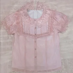 Japanese Style Kawaii Lolita Blouses Women Vintage Elegant Lace Flower Embroidery Cute Shirts Tops Girly Victorian Gothic Blouse