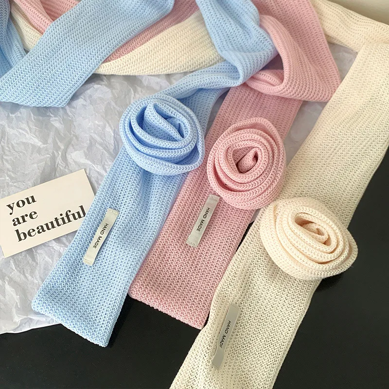 

New Morandi Color Fake Cashmere Rose Scarf Women 142x8cm Autumn Winter Elegant Solid Long k Skinny Ribbon Scarf Neck Warmer