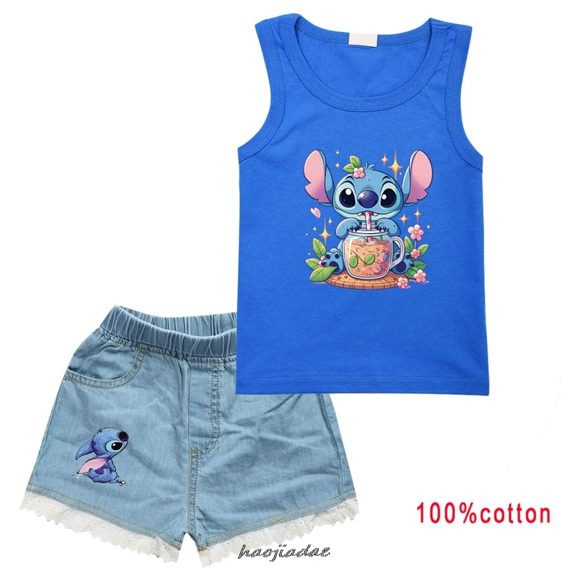 Hot Lilo And Stitch Sports Clothes Suit Children Fashion Leisure Sleeveless Girls Vest + Denim T-shirt 2Pcs Set Kids Summer Wear