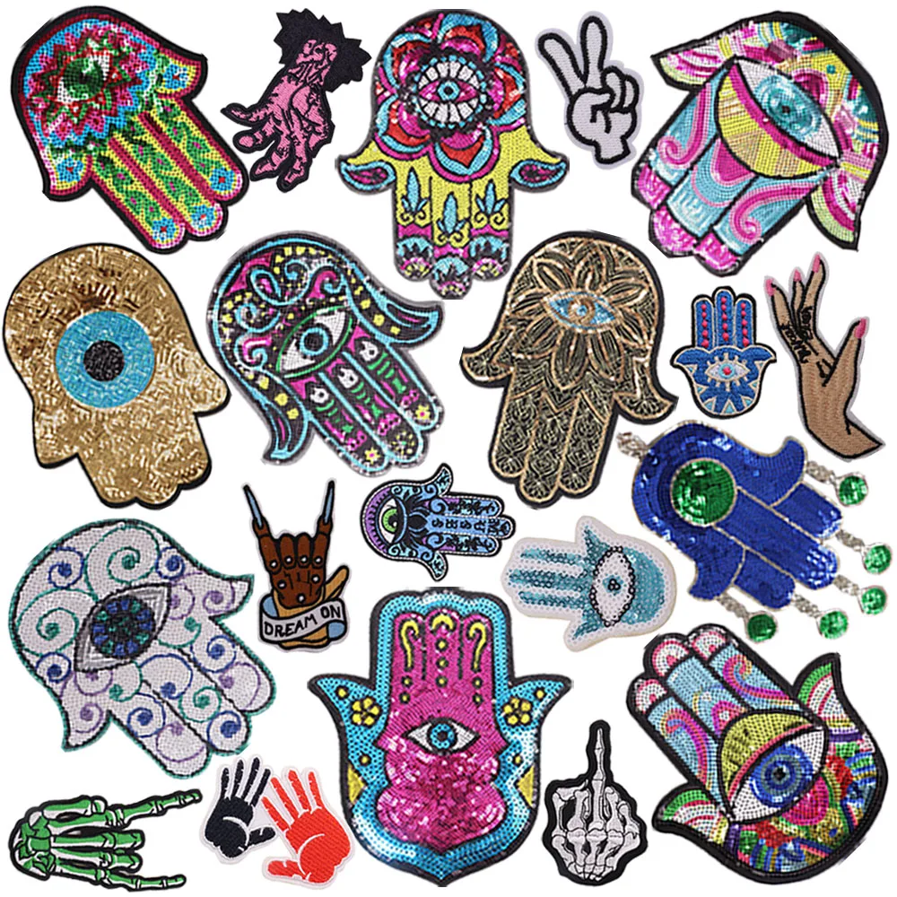 New 1Pcs Sequins Hand Eyes Embroidery Patches for T-shirt Iron on Stripes Appliques Clothes Stickers Clothing Badges