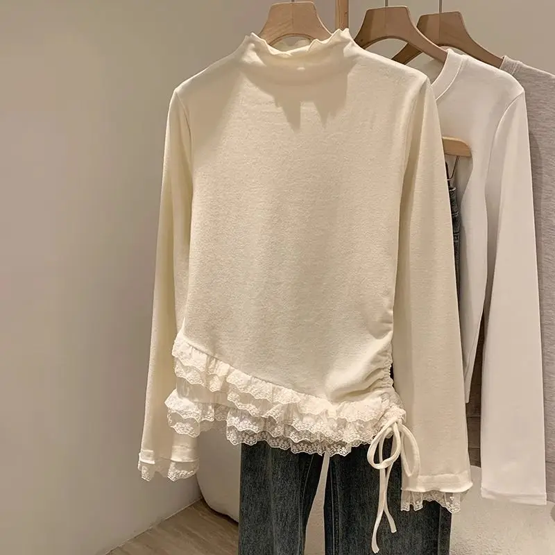 

Velvet Bottom Shirt Long Sleeve Women's 2024 Autumn Winter Lace Lace Splicing Waist Inner Top