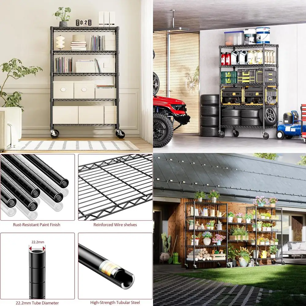 

5-Shelf Heavy-Duty Steel Wire Shelving with Wheels for Garage, Kitchen, Office, Laundry, and Basement - Black, 17.7D x 47.2W x 7