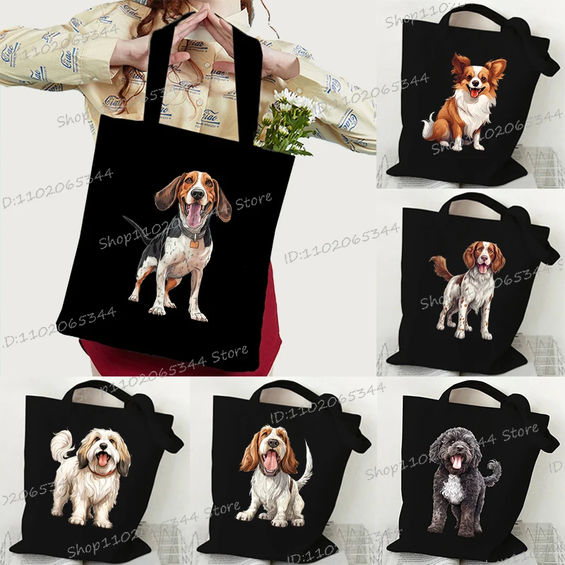 Bolso de mano de lona con diseño de perros bonitos, bolso de compras con estampado de Beagle Shih Tzu, bolso de hombro reutilizable para playa y exteriores, bolsos para hombres y mujeres