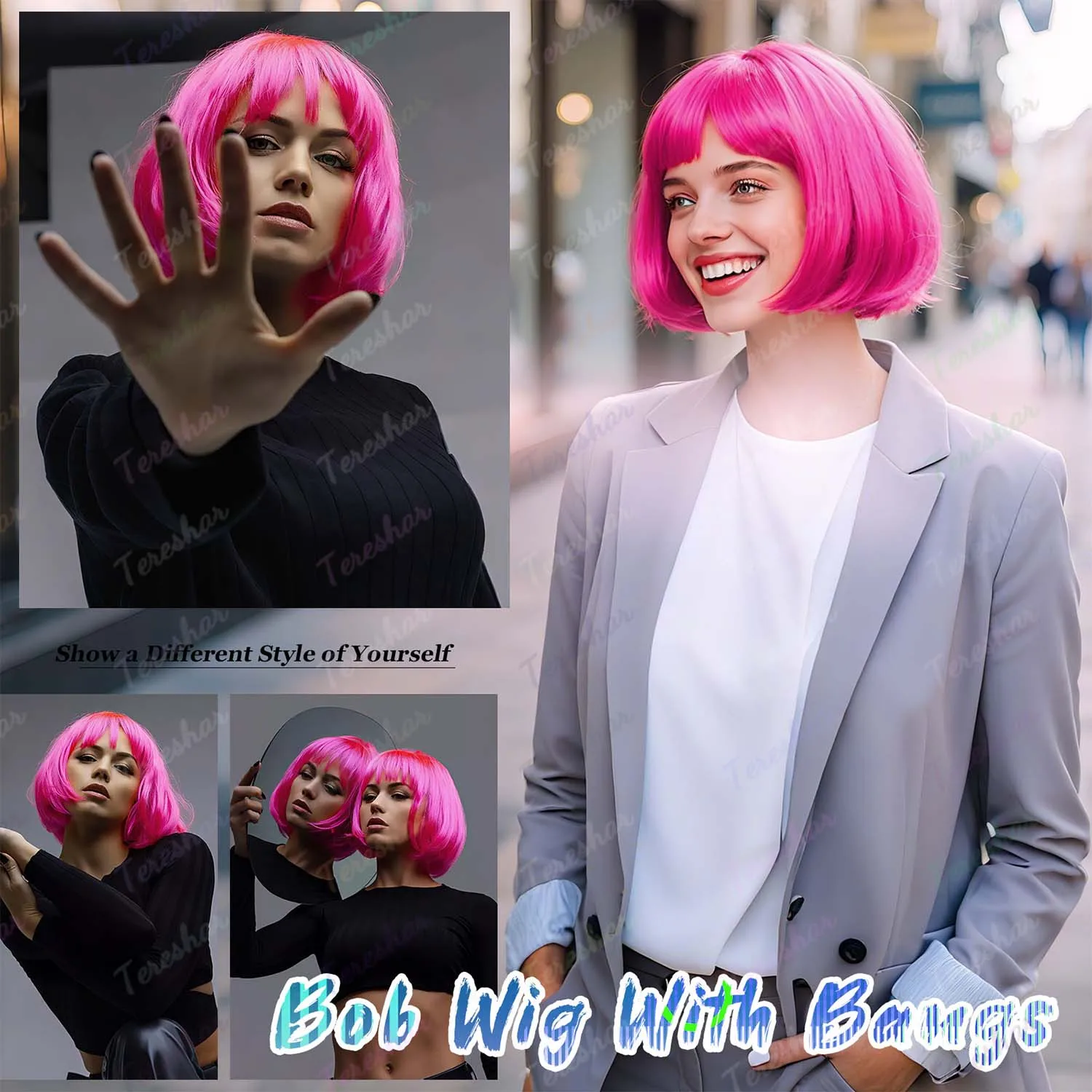 Women Hot Pink Heat Resistant Synthetic Bob Party Neon Wig Bangs 12 Inch Amazon.com : BEAUTIFA Hot Pink Bob Wig with Bangs for Women  main image 2