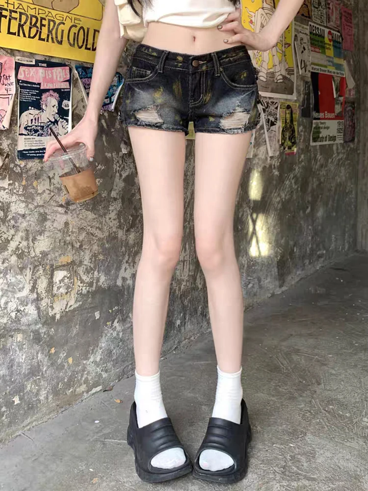 RORORIRI Grayu Foro strappato Pantaloncini di jeans blu Donna Anello Deocr Vintage Wash Distressed Pantaloni a vita bassa Y2k Estate Streetwear