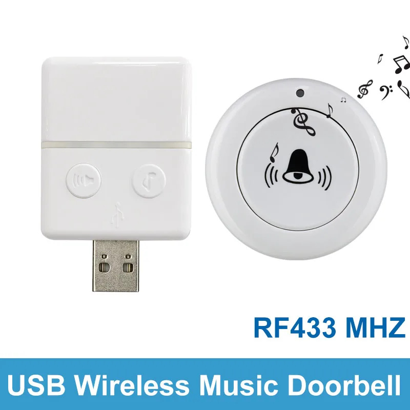 Timbre inalámbrico USB timbre de puerta USB inteligente RF 433MHz Control remoto 30 anillo receptor de ajuste de volumen para cama de casa llamada emergente