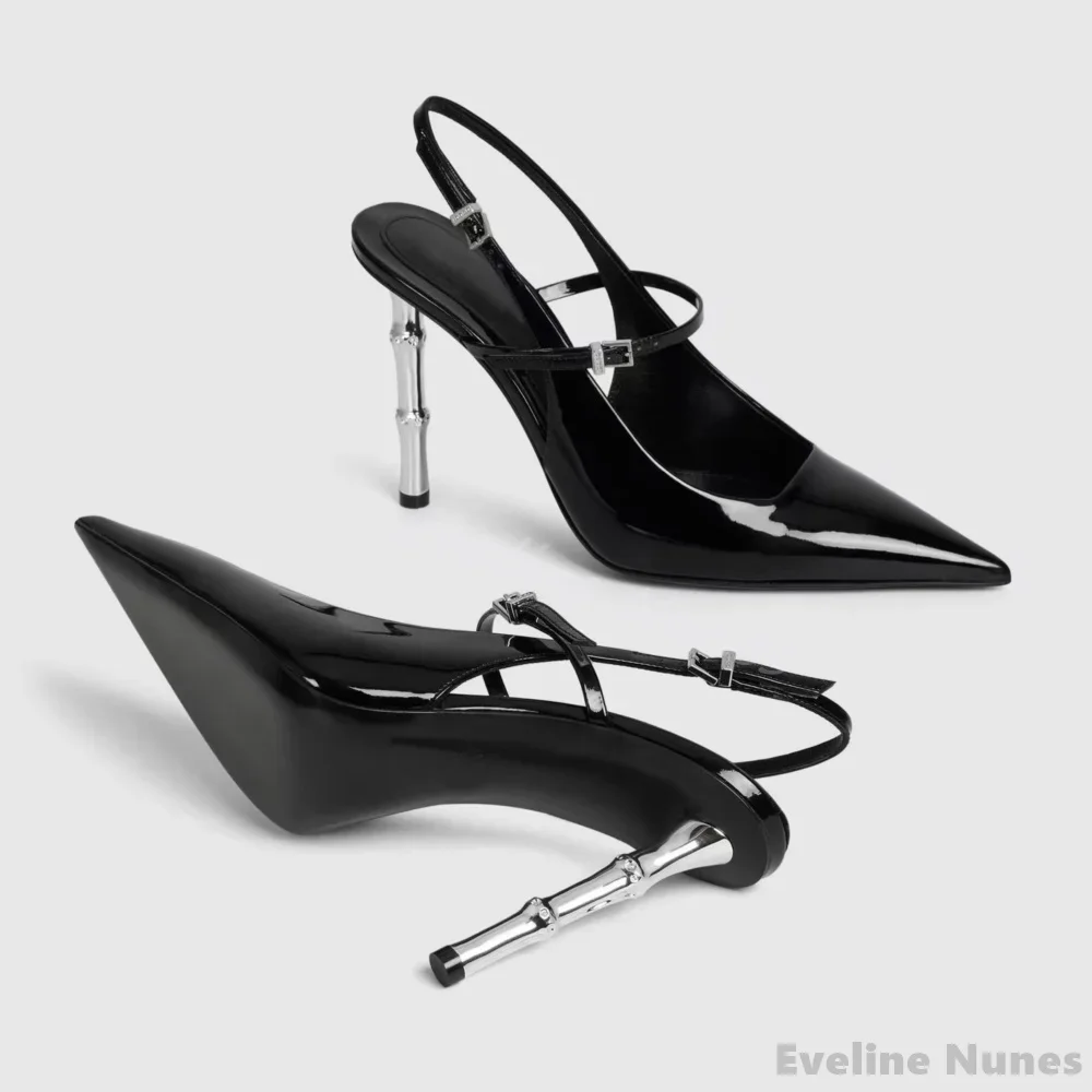 

Bamboo Heel Shallow Pumps Women Black Patent Leather Pointed Toe One Word Belt Back Strap High Heel 2025 Summer New Sexy Sandals