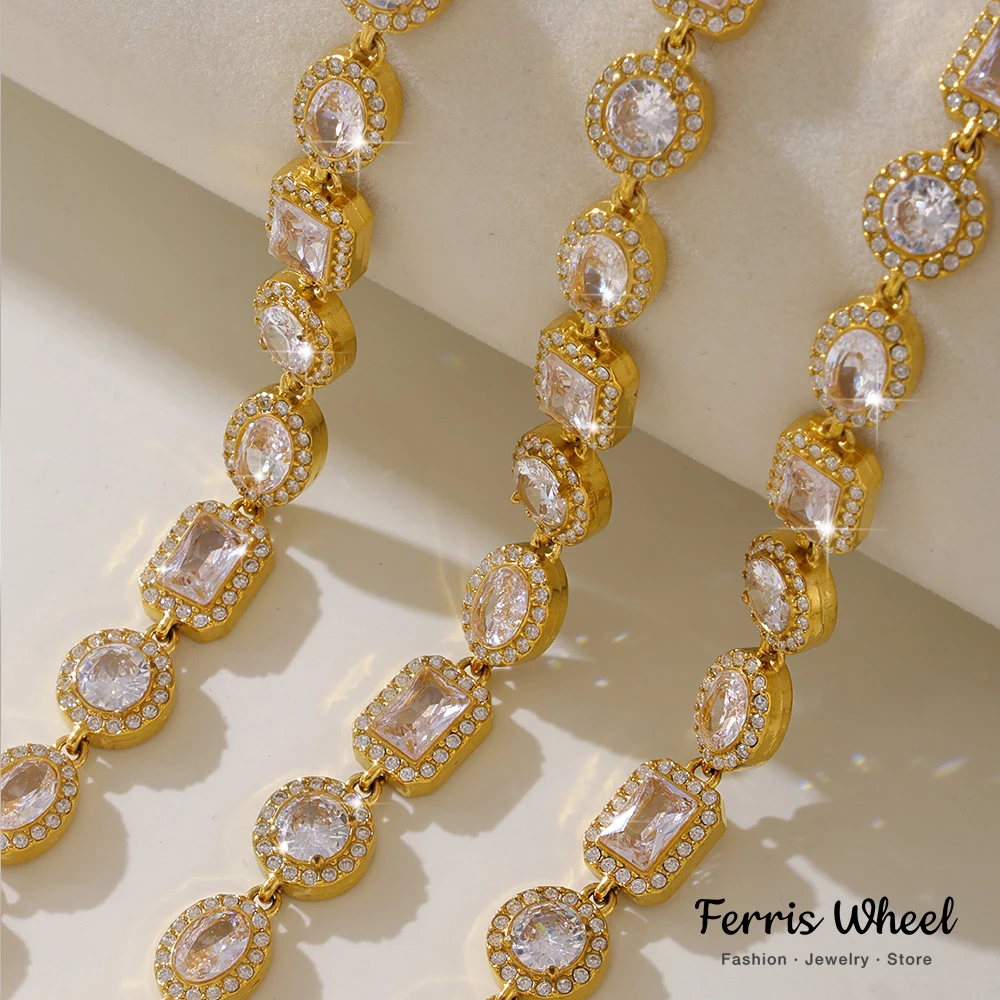 

Flower Round Chain Bracelet For Women Stainless Steel 18k Gold Plated White Zircon Female Luxury Banquet Wedding Jewelry