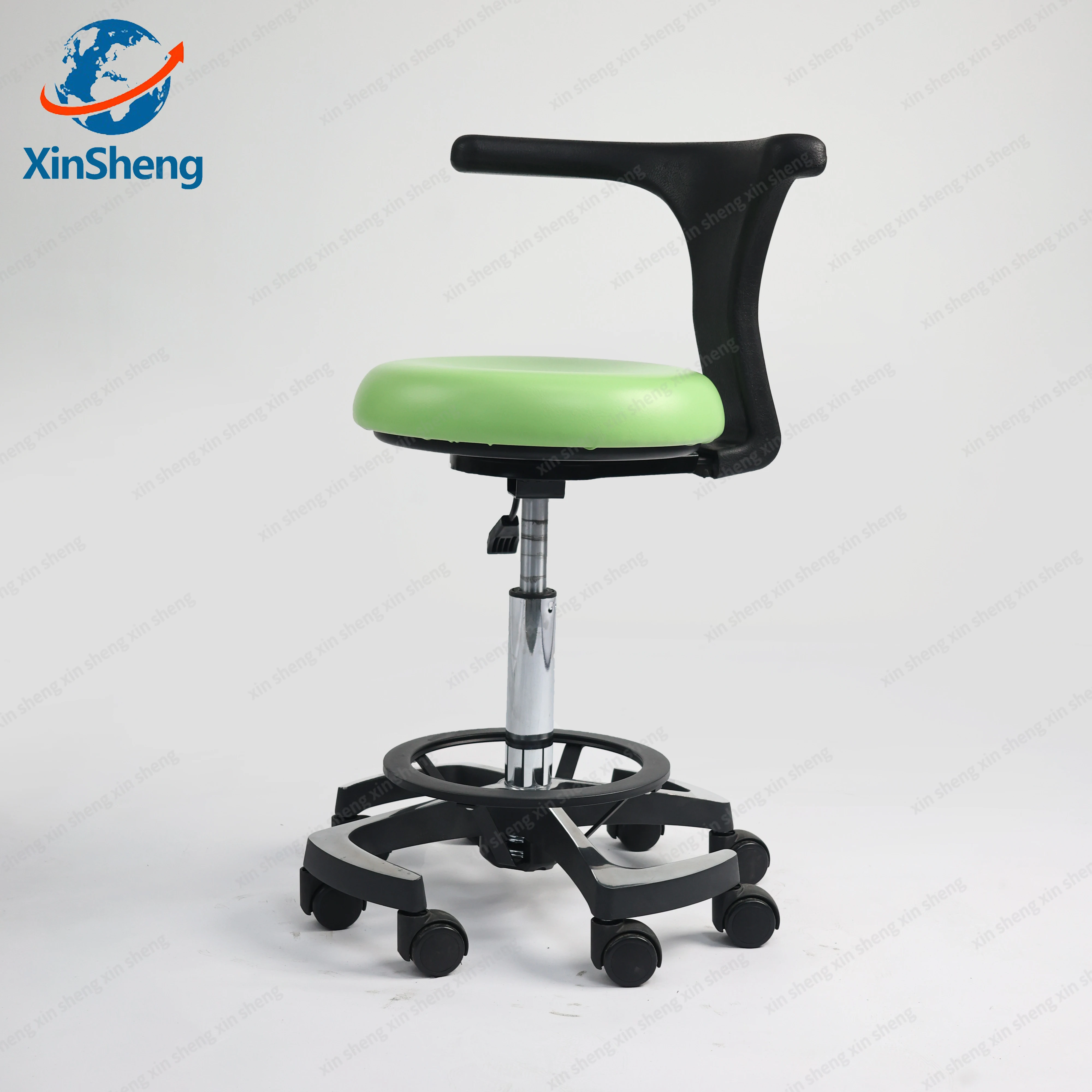 Green Seat Salon Stool With Single Armrest, Height Adjustable Foot Control Swivel Dentist Chair