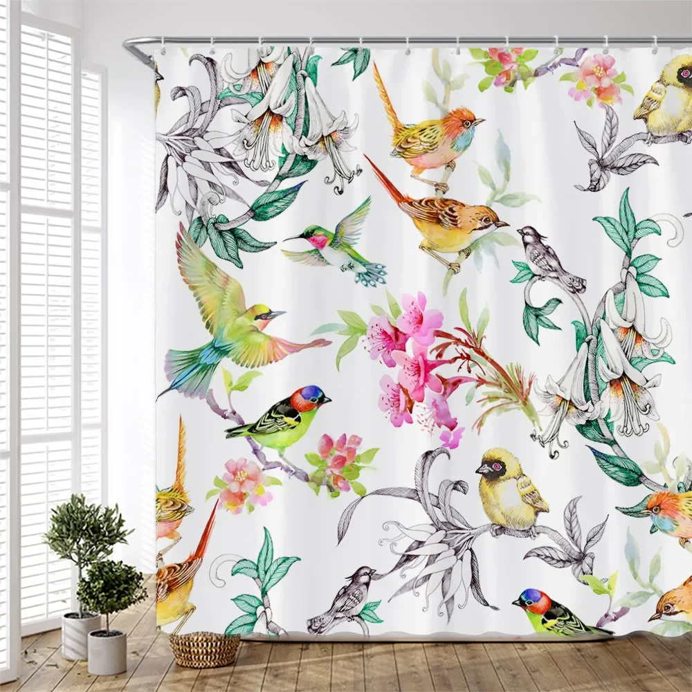 Cartoon Colorful Birds Shower Curtains Creative Design Watercolor Printing Chinese Style Cloth Bathroom Curtain Set Simple Decor