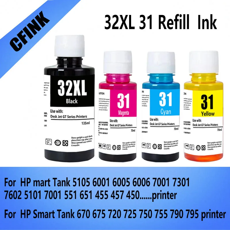 31 32XL Refill Dye Ink Suitable For HP 7301 6001 7602 5101 7