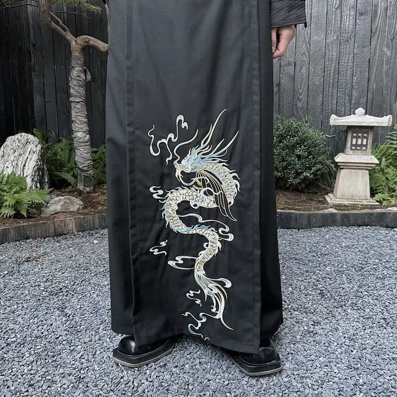 Heavy Industry Black Dragon Embroidery Hanfu Horse Face Skirt Men's Retro Samurai Cosplay Costume Chinese Carnival Clothes