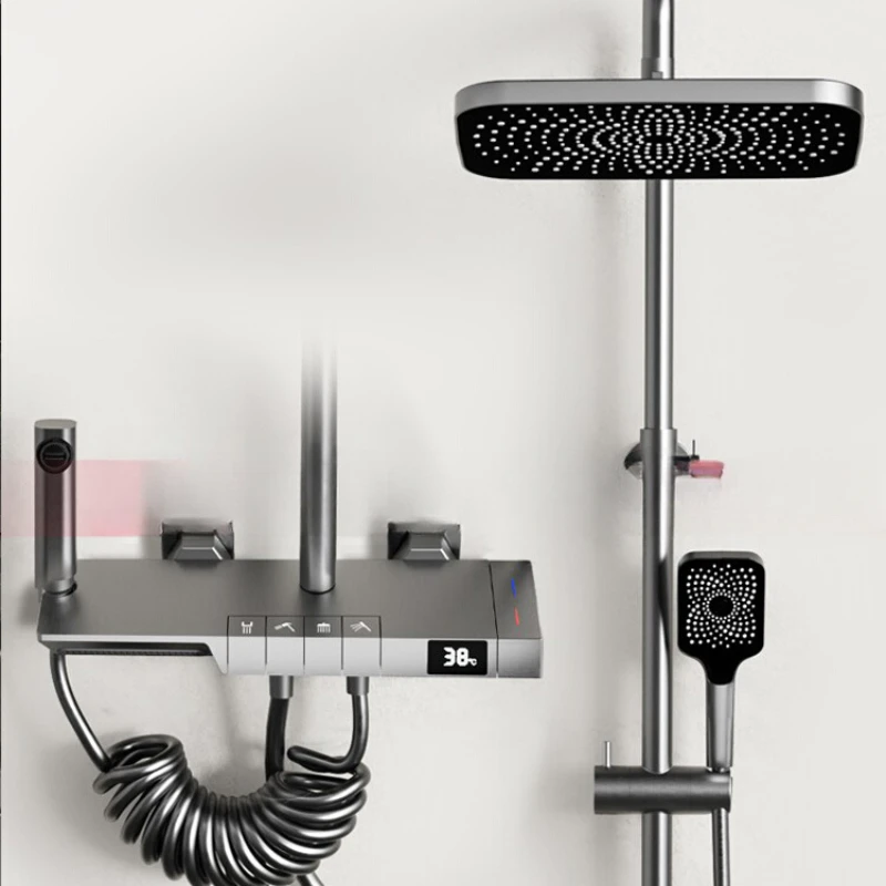 

Intelligent digital display constant temperature home piano white black gun gray shower shower set full copper rain