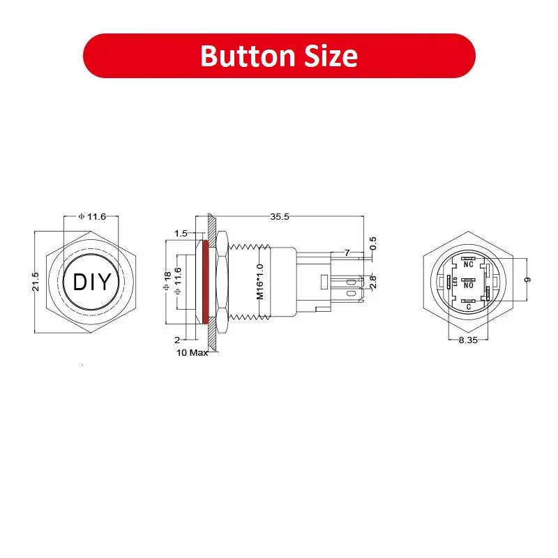 16mm Metal Push Button Switch Waterproof LED Light 12V Self locking/Momentary High Head Special Symbol Switch with Connector