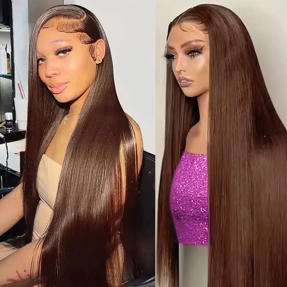 

52 дюйма 4 # Парик из натуральных волос 13x6, шоколадно-коричневый, прямой, с HD прозрачной кружевной передней частью, предварительно выщипанный, плотность 200%