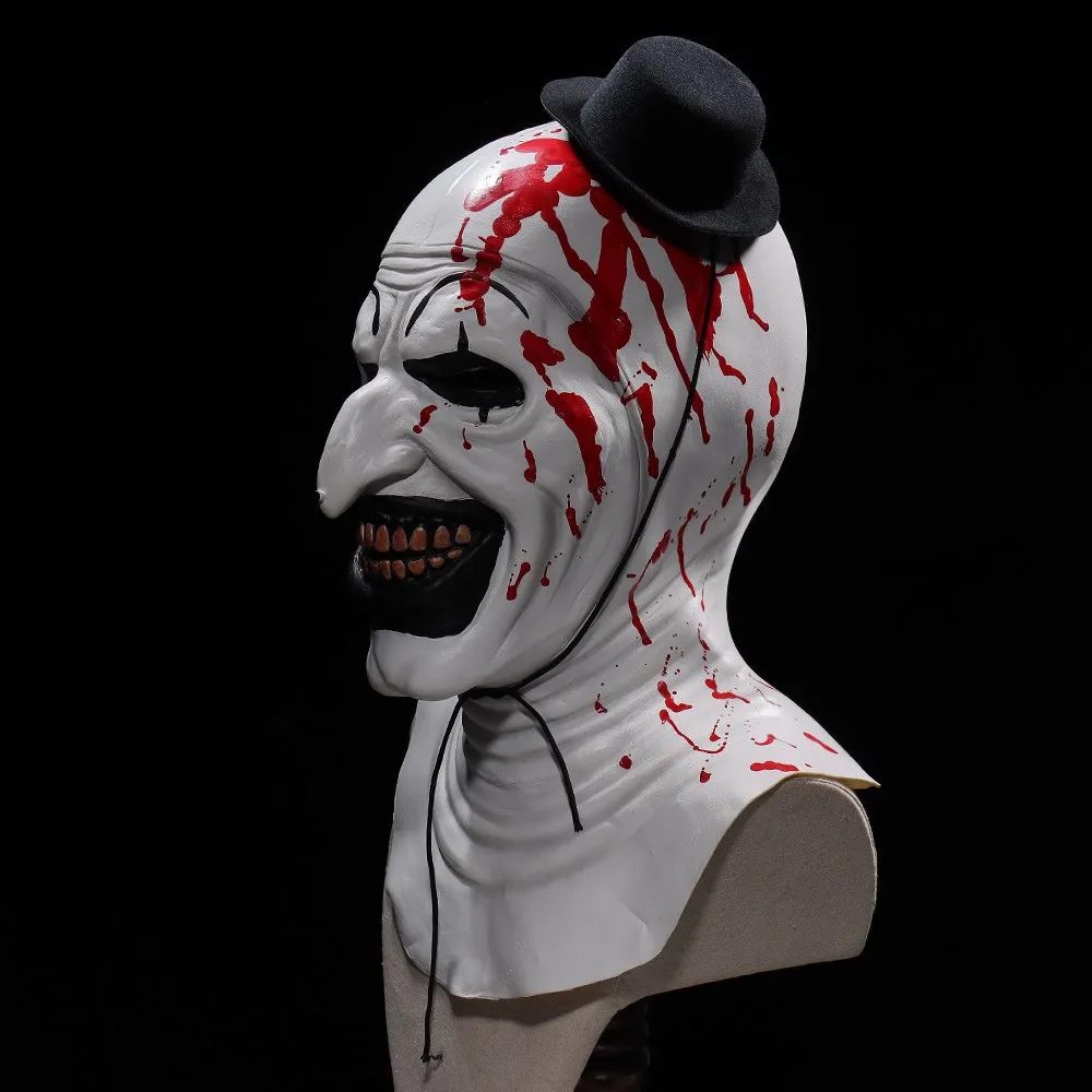 Horror Terrifier Art The Clown Mask Cosplay Creepy Bloody Demon Evil Joker Hat Latex Helmet Halloween Party Costume Props