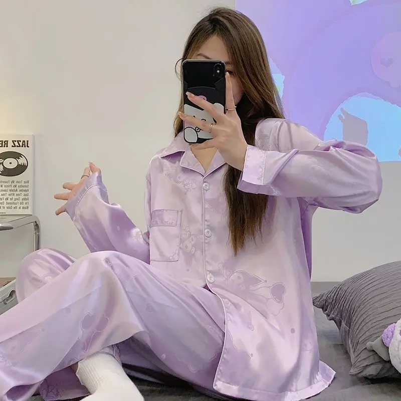 

Sanrio Kuromi Women's Pajamas Set Long Sleeve Trendy Cute Student Stylish Homewear Kawaii Loungewear Sleepwear