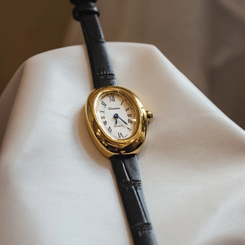 Reloj de cuarzo con forma de huevo de ganso ovalado Vintage para mujer, vestido de cuero auténtico resistente al agua, reloj de regalo de Navidad, relojes para mujer