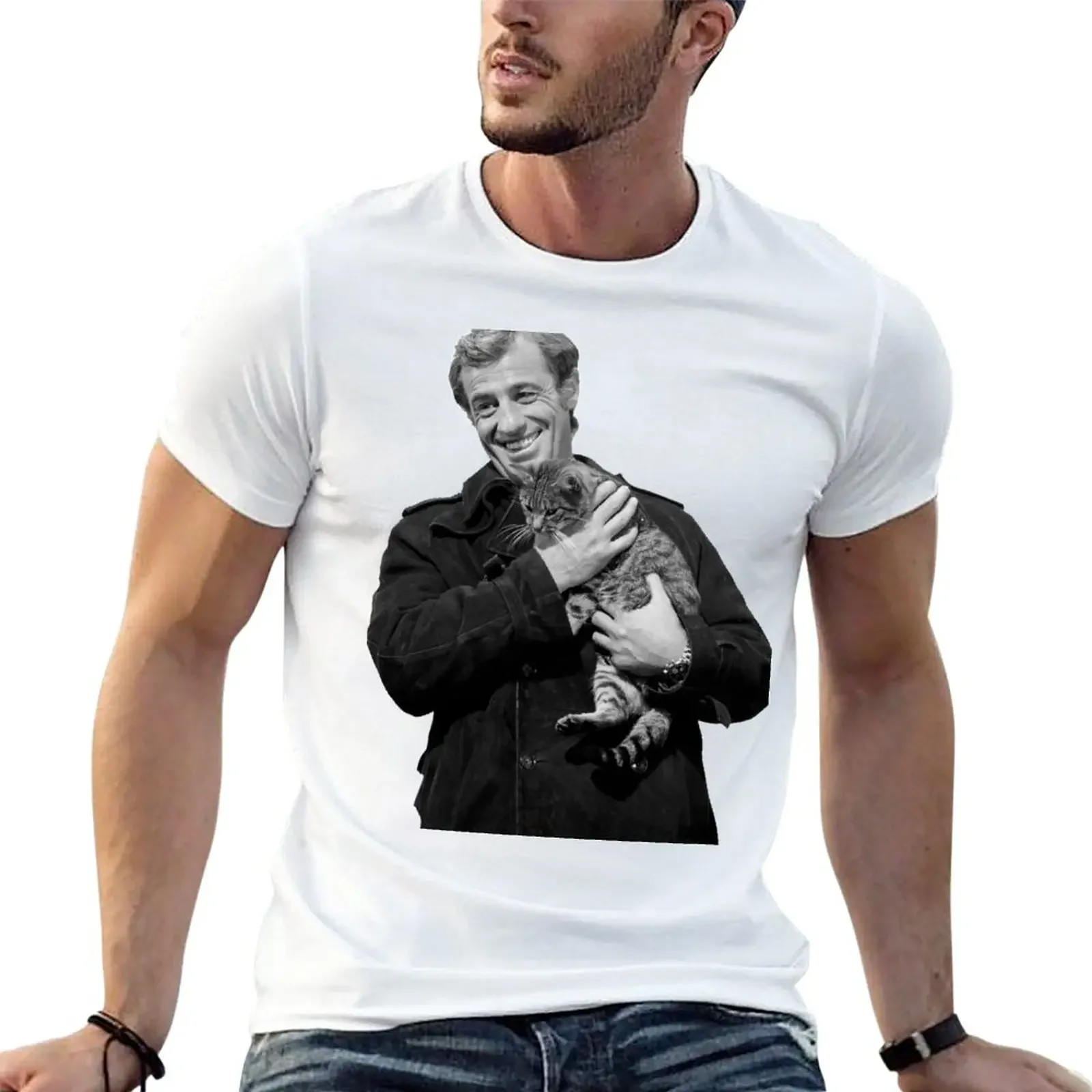 New Jean Paul Belmondo and a cat T-Shirt vintage t shirts customizeds mens plain t shirts