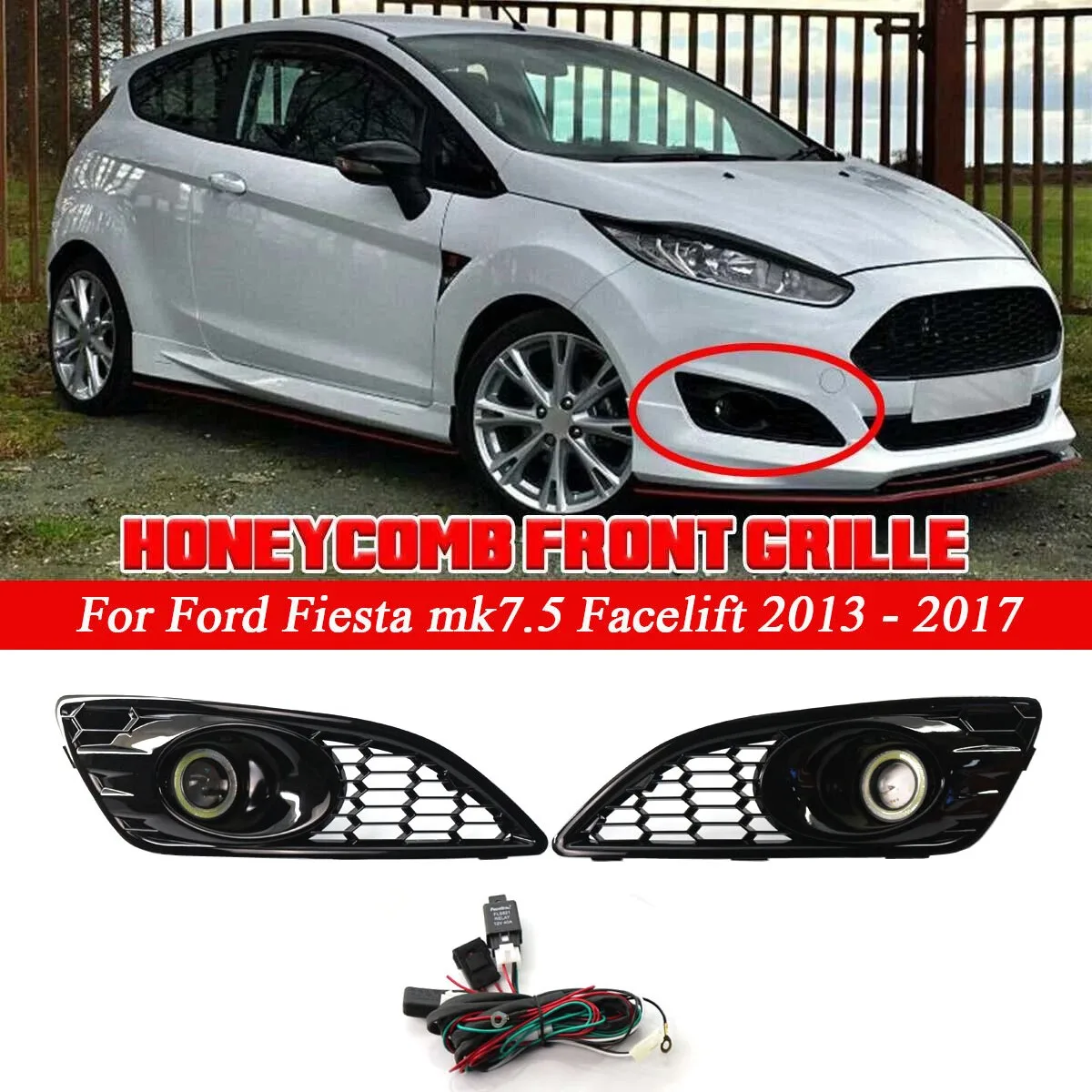 

Gloss Black Honeycomb Front Bumper Fog Light Grille Grill Fog Lamp w/Wiring Harness For Ford Fiesta MK7 Zetec S Sport 2012-2017