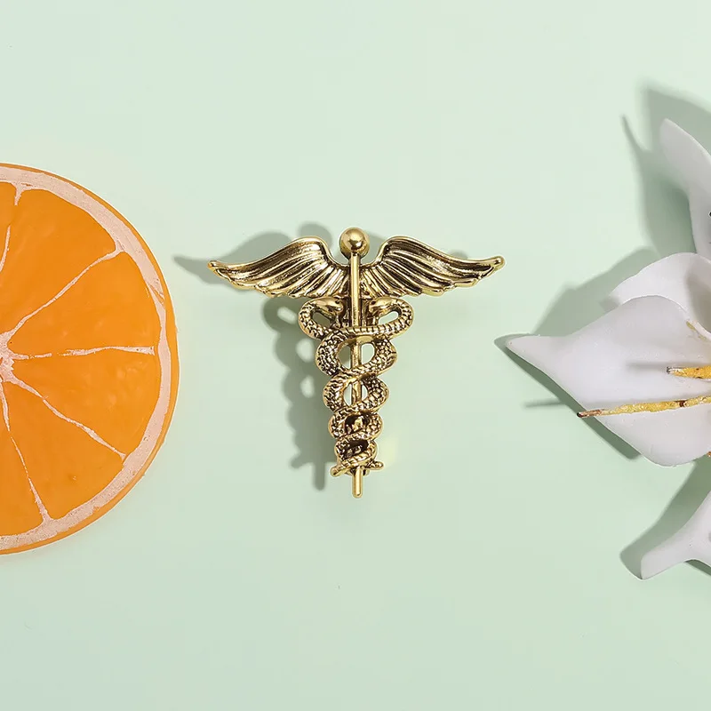 Vintage Gold Caduceus Medical Brooch Doctor Nurse Symbol Badge Medicine Staff Jewelry Gift view 2