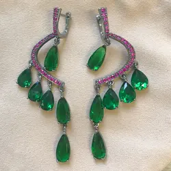 Bilincolor Fashion Cubic Zirconia Long Green Tassel Earring for Women
